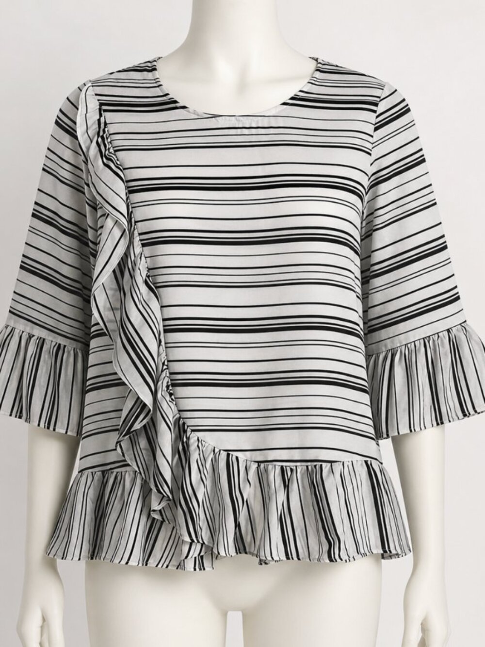 Alfani Blouse Size L Black White Striped Ruffles Minimalist Office Whimsical Pro